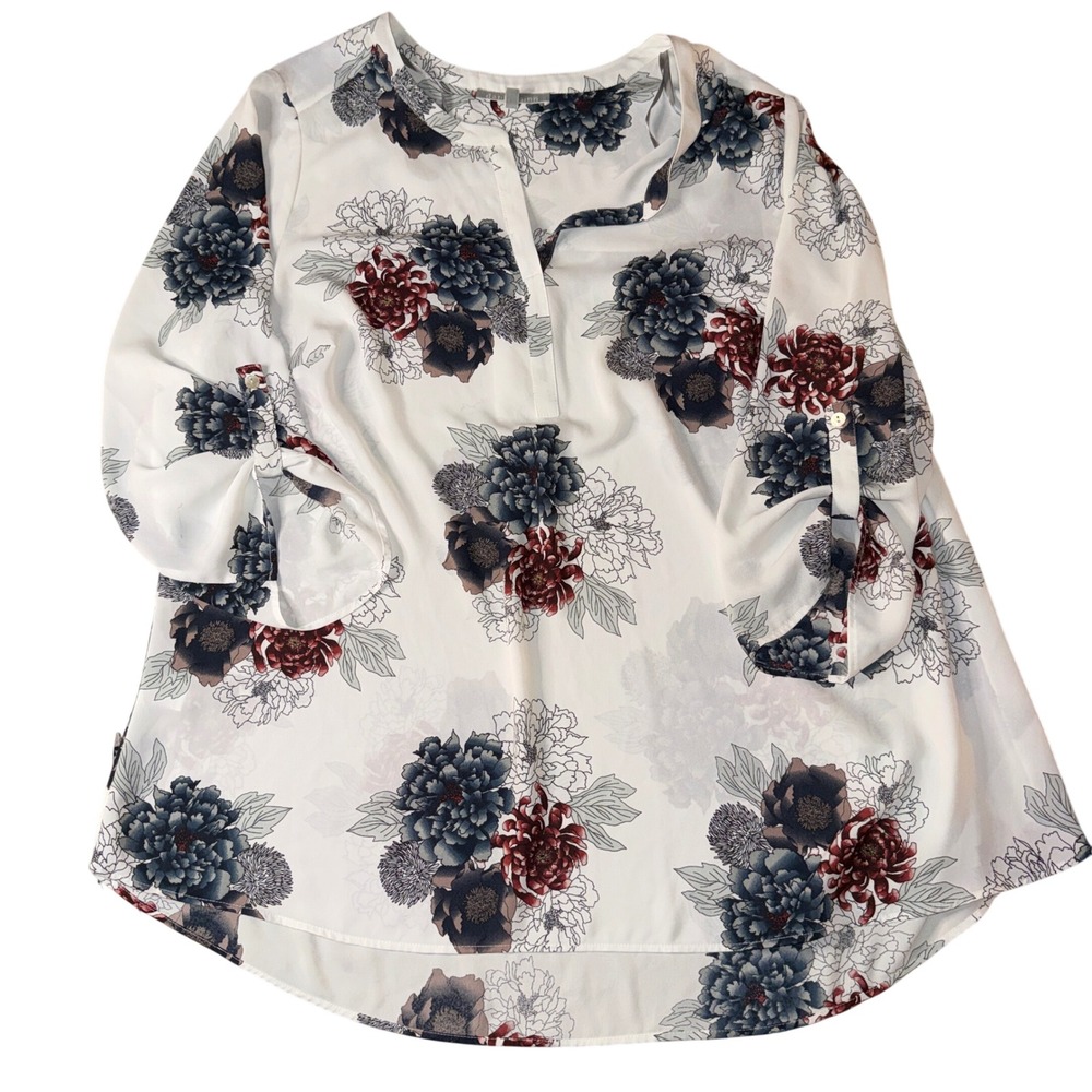 Daniel Rainn Floral Blouse 2X White Navy Roll Tab Sleeve Split Neck Top